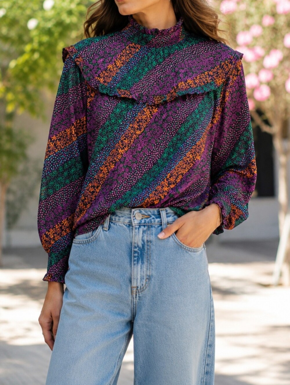 NWT FRNCH Paris Purple Green Orange Floral Stripe Ruffle Mock Neck Blouse Boho